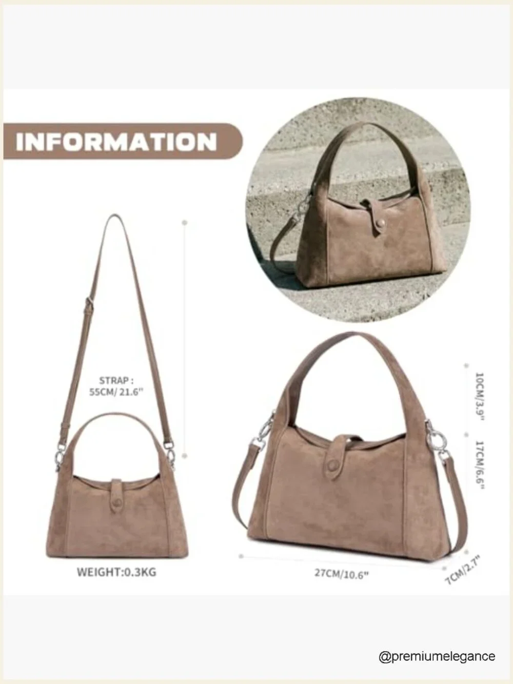 Vintage Half-Moon Suede Hobo Handbag, Crossbody Tote with Detachable Strap